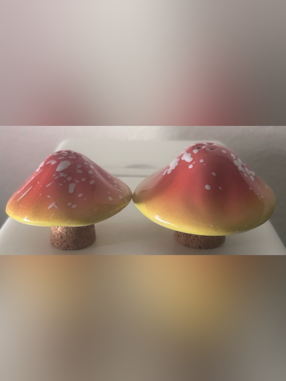 Anthropologie orange and yellow spotted Ceramic Mushroom salt & pepper shakers!